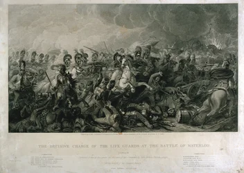 Der entscheidende Angriff der Life Guards bei Waterloo 1815, graviert von William Bromley, 1821